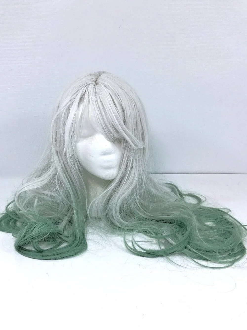 Long Layered Wig White Blond Gradient Pastel Green